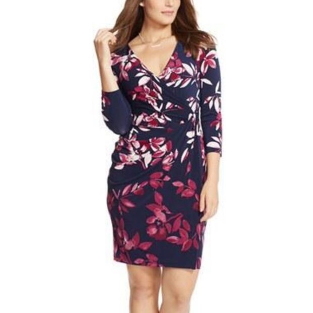LRL | Petite Floral Jersey Faux-Wrap Dress Navy 2P